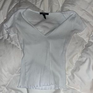 White Ribbed V-Neck Fitted Top
